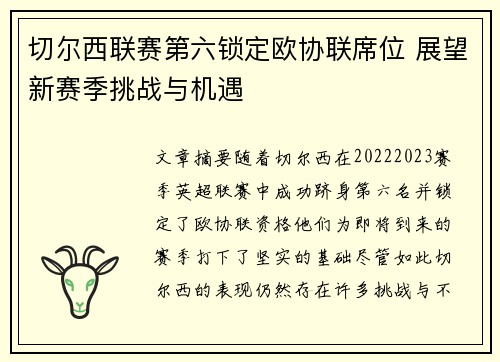 切尔西联赛第六锁定欧协联席位 展望新赛季挑战与机遇
